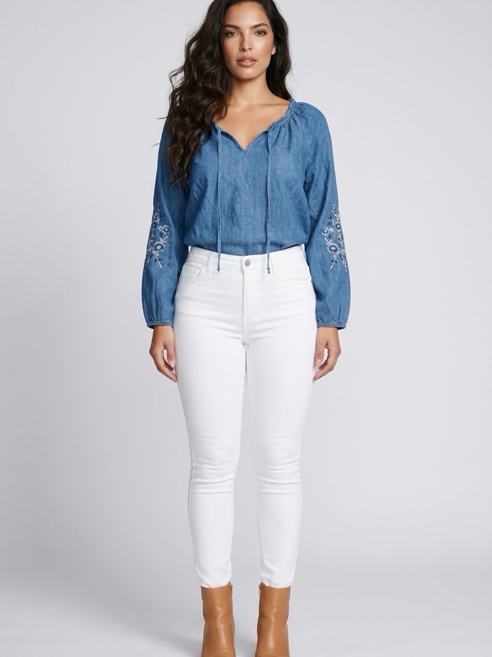 LC Lauren Conrad Blue Denim Peasant Blouse